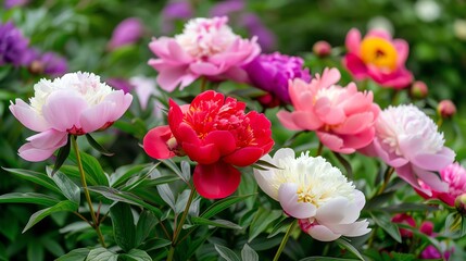 A lush garden filled with blooming peonies of various colors, photographed with a Canon EOS R5, 24-70mm lens, f/2