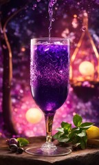 Purple cocktail with ice on a wooden table. Selective focus. ai generative