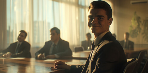 a young man sitting in a meeting in a conference room. he wears a suit and smiles. around him sit several other people. The morning light shines trough the windows. it looks like a filmstill.