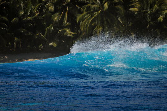 Close-up of an Ocean wave breaking on a tropical beach with a palm grove, Sumatra, Indonesia