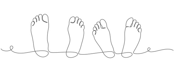 Barefooted feet are couple. Lie on the bed. One line drawing isolated vector object by hand on a white background.