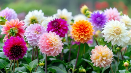 Obraz premium A garden filled with blooming dahlias of various colors, photographed with a Sony A9 II, 24-70mm lens, f/3