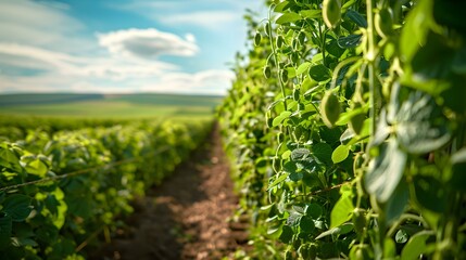 Pea plantation in summer with plants hung img