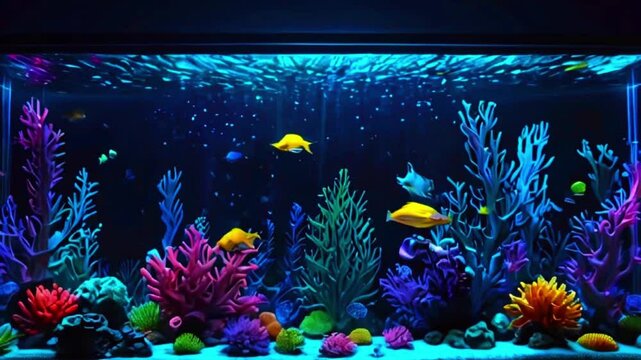 A digital aquarium filled with blue-hued aquatic life forms, illuminated by neon lights and shimmering digital bubbles, 4K wallpaper animation video