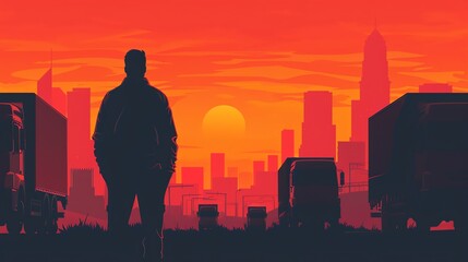 Silhouette of a person planning urban transportation routes, Silhouette logistics transportation manager routing, Urban routing