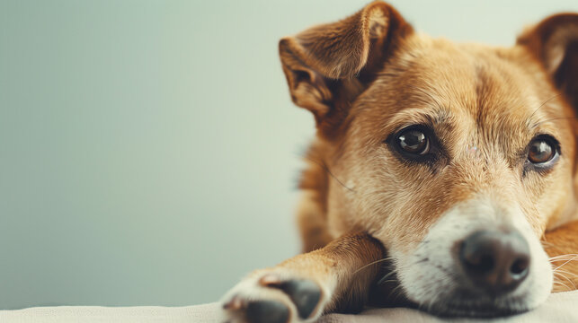 sick sad dog, banner with copy space, gray light background, vet visit, dog diseases