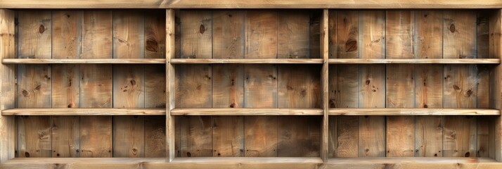 Rustic wooden bookshelf with empty shelves, offering ample storage and a vintage aesthetic for homes or offices.