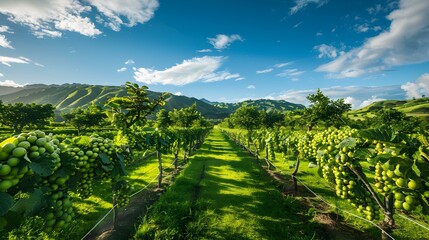 Naklejka premium Kiwi plantation on a warm day with vines img