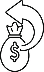 Line art illustration of a money bag with a rotating arrow representing cash flow, investment, and financial circulation