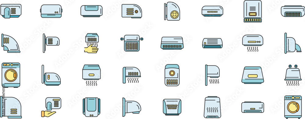 Wall mural automatic drying machine icons set outline vector. air bathroom. clean blower thin line color flat o