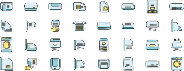 Automatic drying machine icons set outline vector. Air bathroom. Clean blower thin line color flat on white