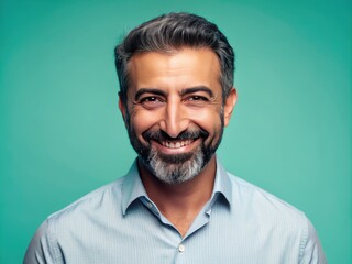 Confident 46-year-old Middle Eastern man with a warm smile winks at the camera against a soft, serene pastel teal background, exuding friendliness and approachability.
