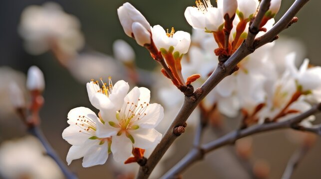 Delicate White Almond Blossoms in Springtime.Close-Up of Almond Tree Blossoms. Generative AI