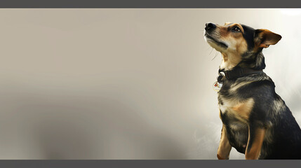 sick sad dog, banner with copy space, gray light background, vet visit, dog diseases