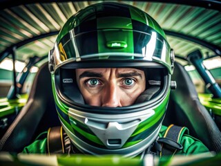 Intense focus radiates from the helmet's open visor, revealing piercing eyes, surrounded by vibrant green racing livery, in a thrilling high-speed stock car cockpit scene.
