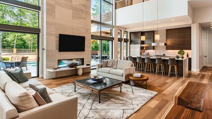 Dream Home, beautiful living room interior in new luxury home with open concept floor plan, a warm and inviting visual