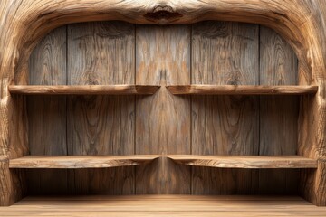 Fototapeta premium Rustic wooden shelf with a natural finish, perfect for adding a touch of nature to any room. Ideal for storage or decoration.
