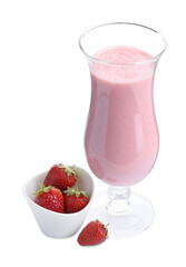 Tasty yogurt in glass and fresh strawberries isolated on white