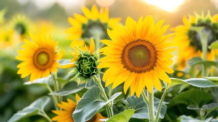 Obraz premium A vibrant sunflower field at sunrise
