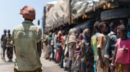 Fototapeta premium A group of people standing in line near a truck on a sunny day, various expressions and colorful clothes indicating daily routine or waiting.