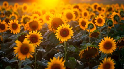 A field of sunflowers at sunset a huge image