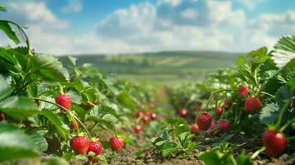 Strawberry fields in summer dotted with red berries picture