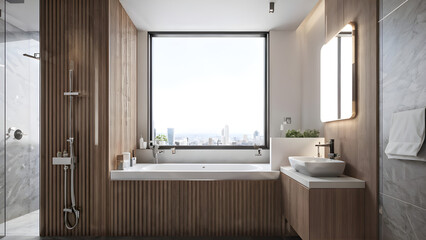 Fototapeta premium Bathroom in a micro-apartment equipped with fittings designed to maximize space utilization