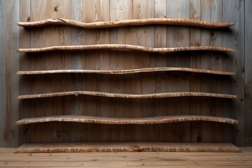 Wooden shelves on a rustic wooden wall. Perfect for home decor and interior design themes. Natural and minimalist aesthetic.