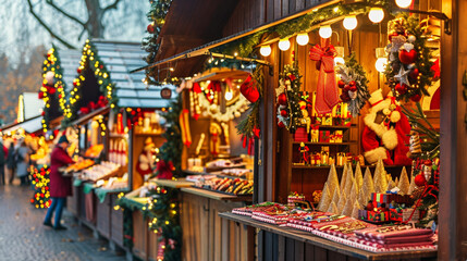 Fototapeta premium Christmas market in Germany with festive decorations and food stalls.