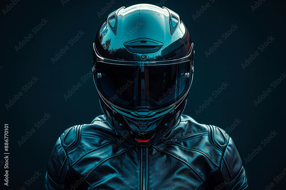 Fototapete Front view of a motorbike raider wearing a black jacket and helmet on a dark background with studio light