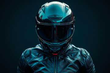 Front view of a motorbike raider wearing a black jacket and helmet on a dark background with studio light