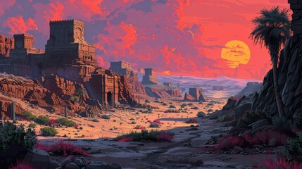 Pixel art depiction of a vast dune desert landscape, characterized by sand dunes and a clear sky, in a retro gaming style.