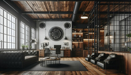 Industrial Style Office Interior with Dark Walnut Wood and Black Metallic Elements.