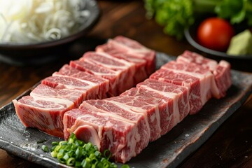 Fresh raw meat slices on a cutting board, surrounded by vegetables. Perfect for culinary, cooking, or food-related projects.