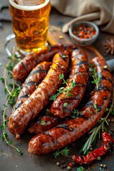 Fototapeta premium Grilled sausages garnished with herbs and spices, served with a glass of beer on a rustic table, perfect for barbecue or food themes.