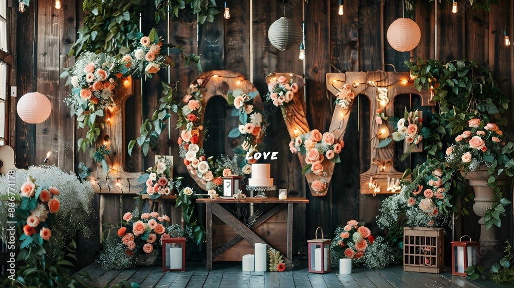 Wall mural wedding photo zone decorated with flowers ribbons img