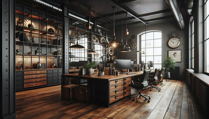 Industrial Style Office Interior with Dark Walnut Wood and Black Metallic Elements.