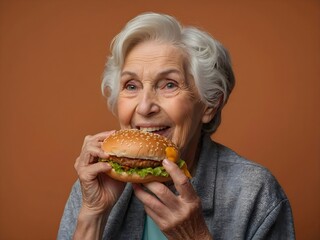 Portrait of an old woman, a grandmother, orange background with copy space