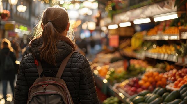 Woman browsing fresh fruits and vegetables at a vibrant outdoor market, sunlight streaming through the stalls.