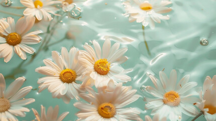 Blooming chamomile flowers and petals floating in the water. Skin care, moisturizing hand bath. Spa treatment, relaxation and aromatherapy. Pastel colors, soft light