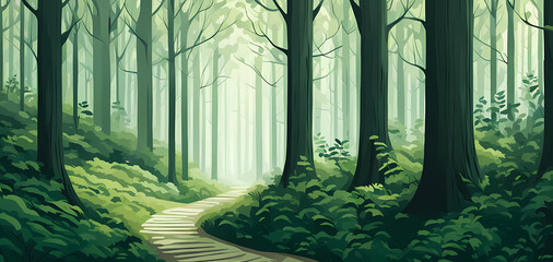 Obraz premium A minimalist serene forest path, surrounded by tall trees and lush foliage, inviting viewers to imagine a peaceful walk through the woods and connect with nature.