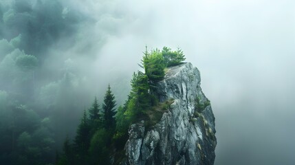 A rock in the forest shrouded in morning img