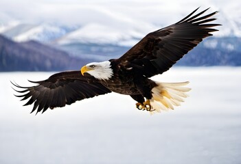 Fototapeta premium American bald eagle in flight over a lake