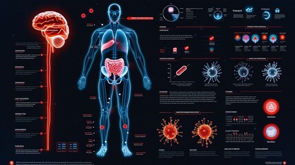 Interactive infographic exploring the human body's immune system defenses against pathogens, promoting health education. Illustration, Image, , Minimalism,