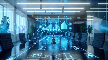 Boardroom Governance Dynamics, boardroom setting with icons representing board meetings, governance policies,