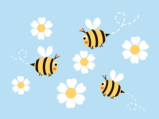 Bee cartoons and daisy chamomile flower icon sign on blue background vector.