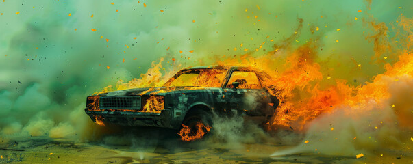 A burning car with flames leaping high and thick smoke pouring out, isolated on a bright green