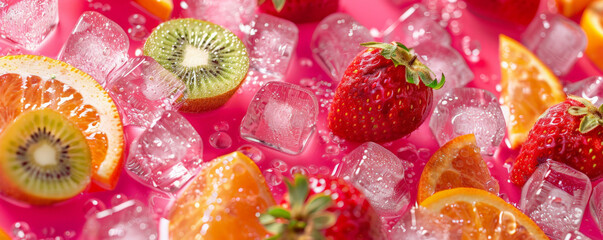 A vibrant mix of fruit slices, including strawberries, kiwis, and oranges, combined with ice cubes on a bright pink background. The colorful fruits and sparkling ice create a fun and fresh scene.