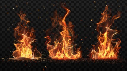 Fototapeta premium Burning fire flames isolated on transparent background. Set of glowing fires and hot sparks collection design elements for fireplace, Fire flames isolated. PNG transparency
