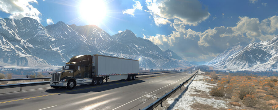 A truck with a shiny silver trailer driving on a highway alongside a mountain range, with snow-capped peaks in the distance and the sun shining brightly.